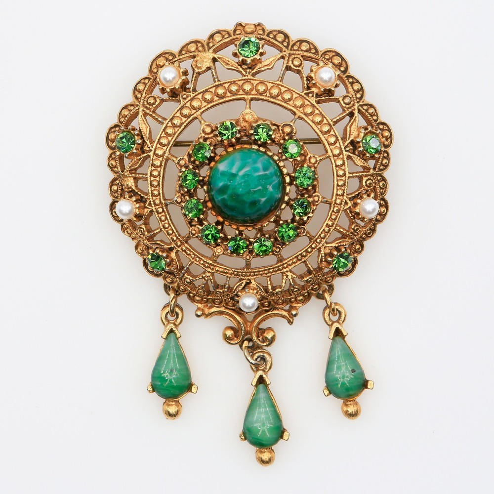 Vintage Florenza Renaissance Revival Brooch Green Rhinestones Dangles 1960s